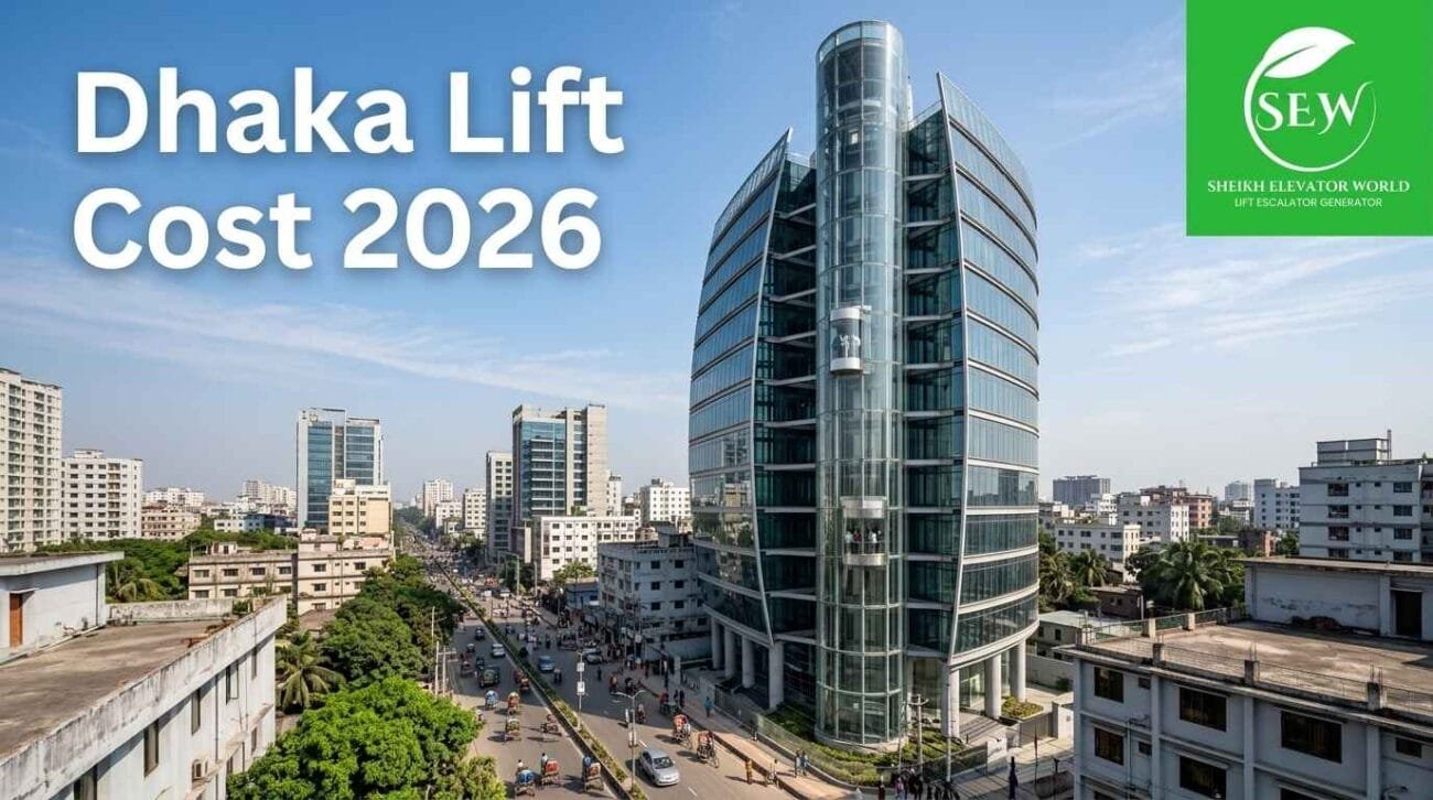 Modern Building With Glass Elevator Highlighting Dhaka Lift Cost 2026 In Urban City Landscape