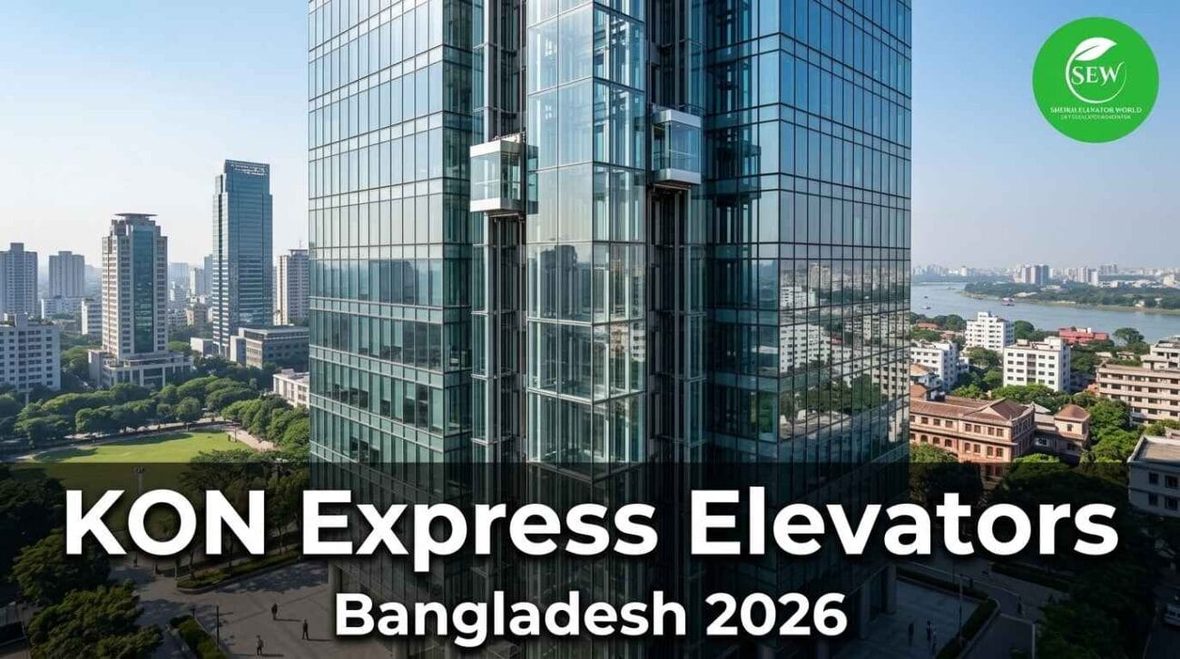 Futuristic smart lift interior showing KON Express elevator technology with modern control panel and LED lighting