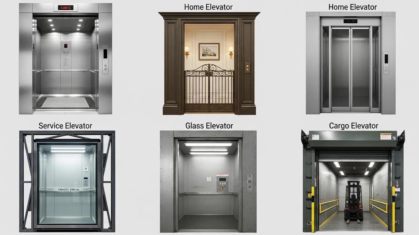 Different types of elevators including passenger, home, service, glass, and cargo