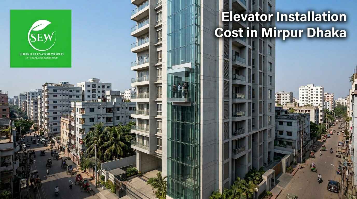 Modern building with glass lift showing elevator installation cost in Mirpur Dhaka urban residential area