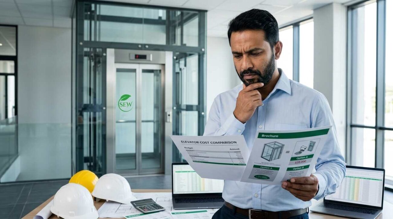 Engineer reviewing lift pricing documents for Dhaka Lift Cost 2026 in modern office with elevator system