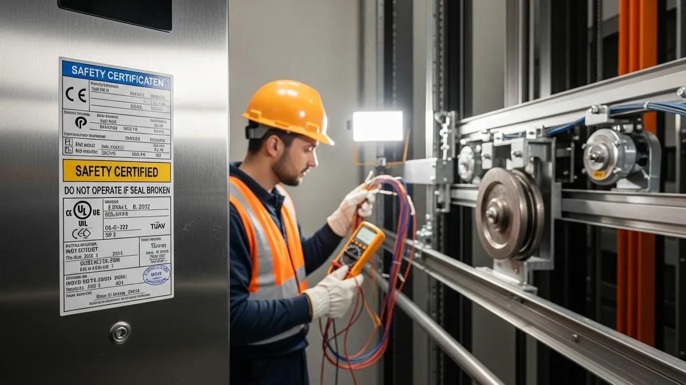 Safety certification labels and technician inspecting an elevator for compliance