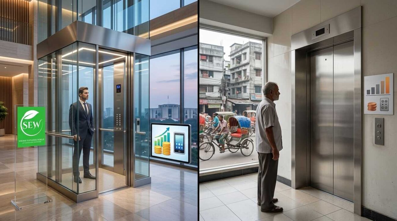 Comparison of modern and basic elevators showing Dhaka Lift Cost 2026 and different lift solutions in Dhaka