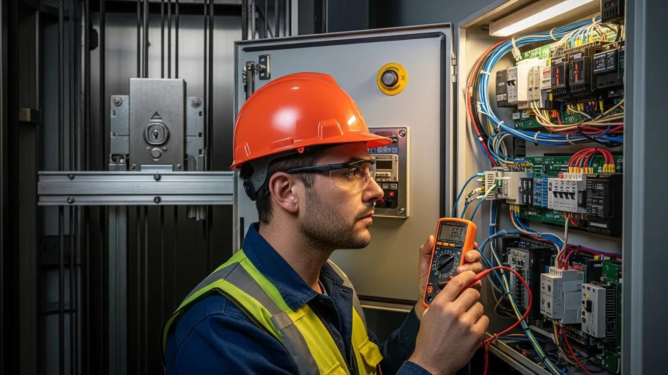 Elevator technician performing a preventive inspection on a control panel to ensure safety