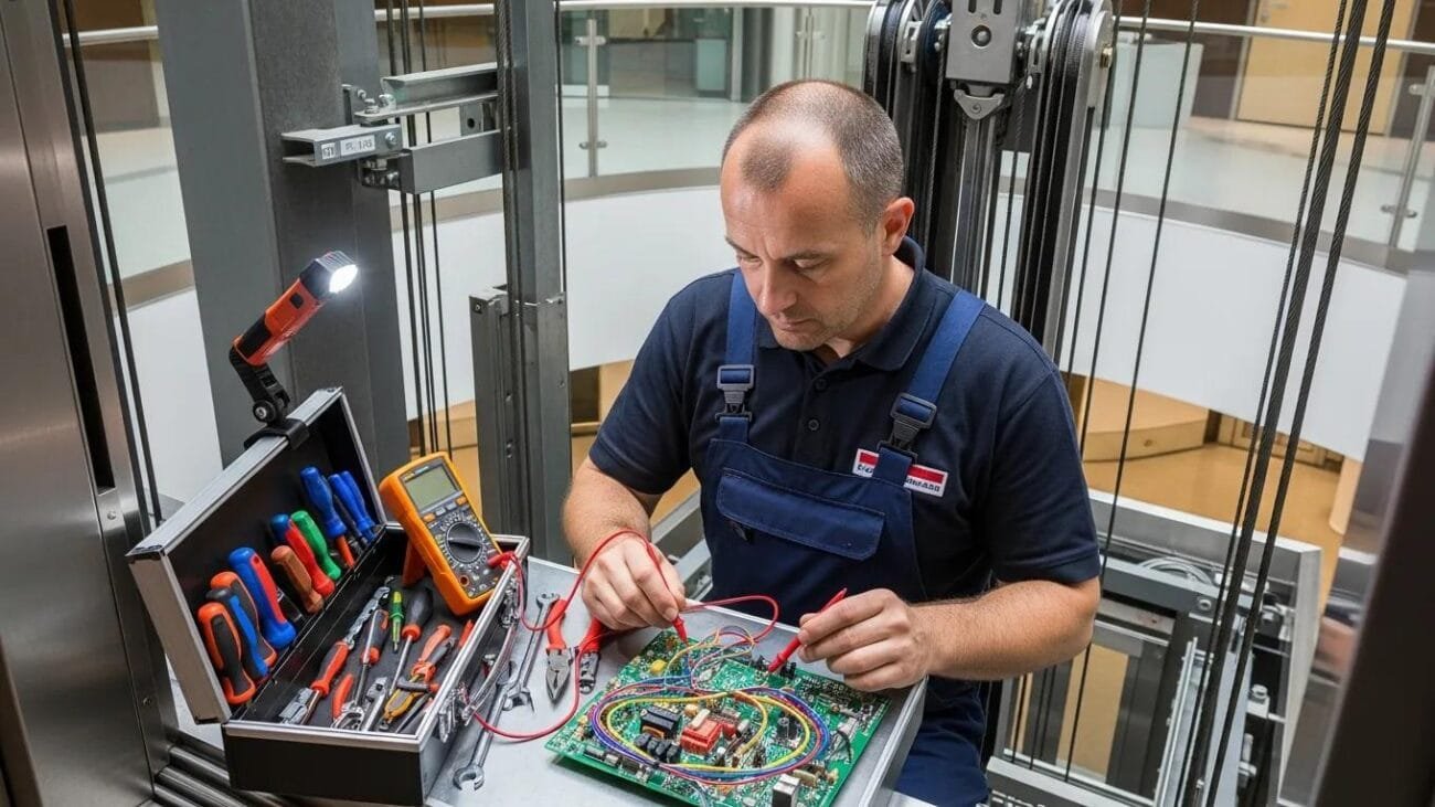 Technician Repairing An Elevator System In A Modern Building, Emphasizing Urgency And Professionalism