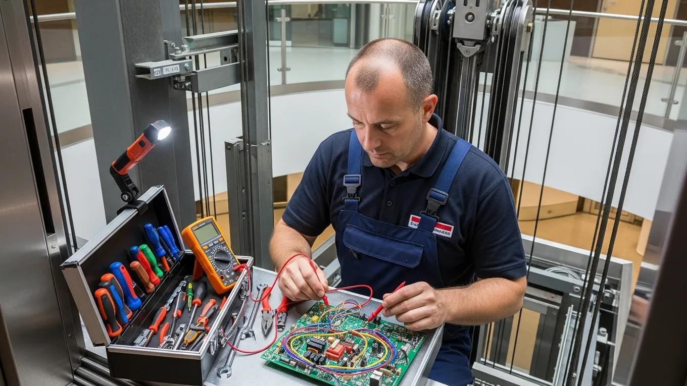Technician repairing an elevator system in a modern building, emphasizing urgency and professionalism