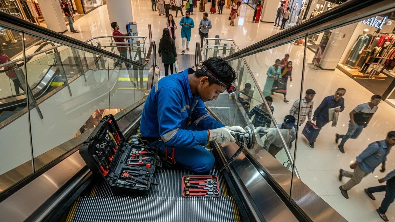 Technician servicing an escalator in a busy Bangladeshi mall to ensure safe operation