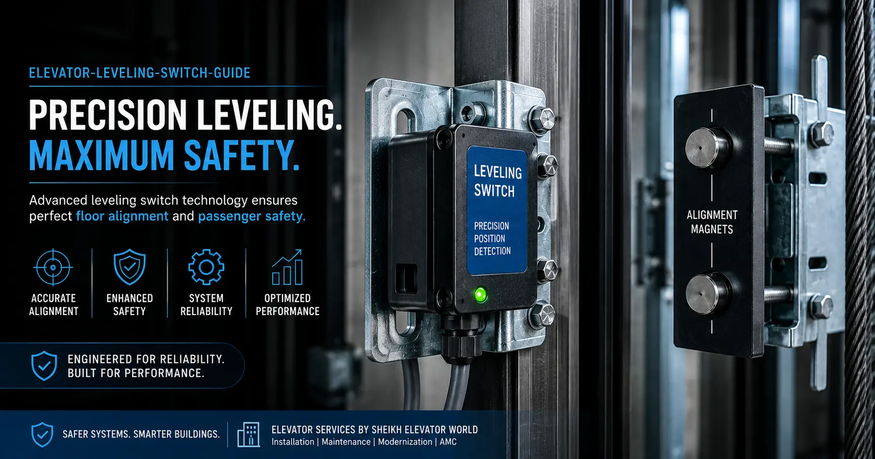 Elevator Buffer Spring with glowing safety circuit in a modern industrial elevator shaft background.