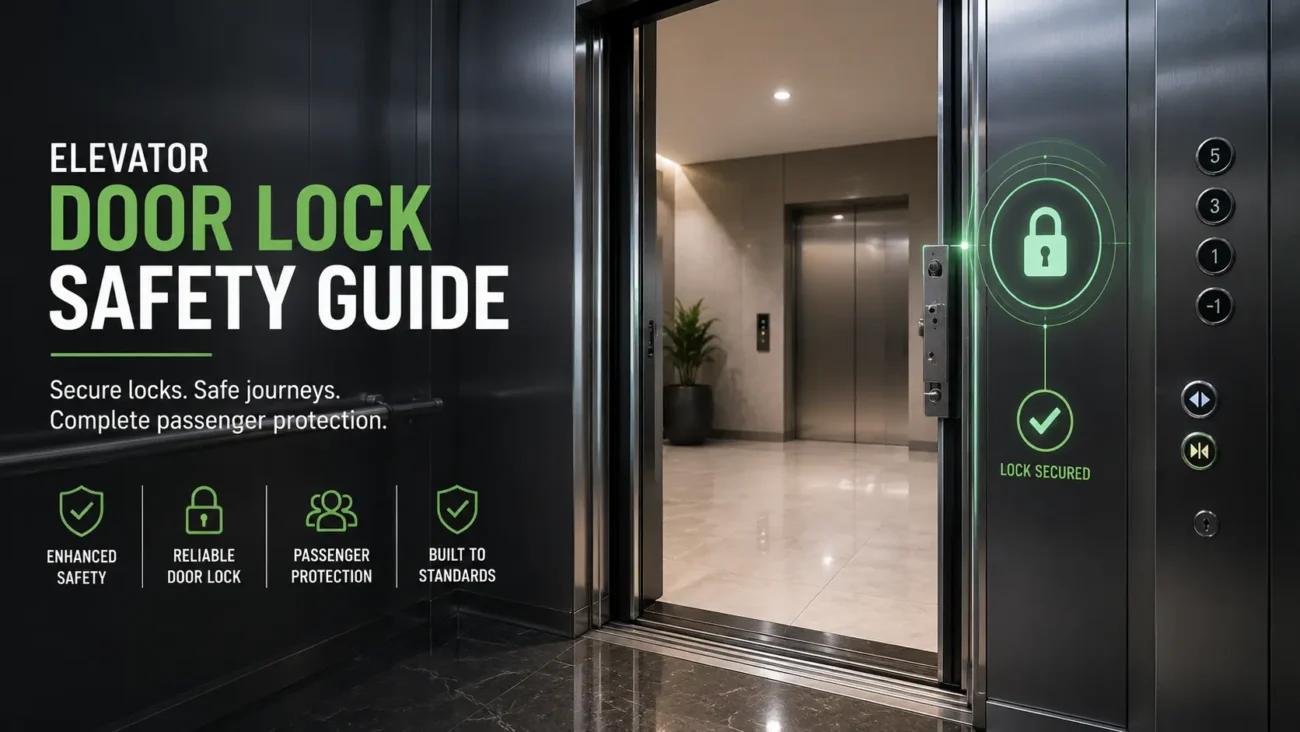 Elevator Door Lock Safety System With Secure Padlock And Checkmark Inside A Modern Elevator Cabin.
