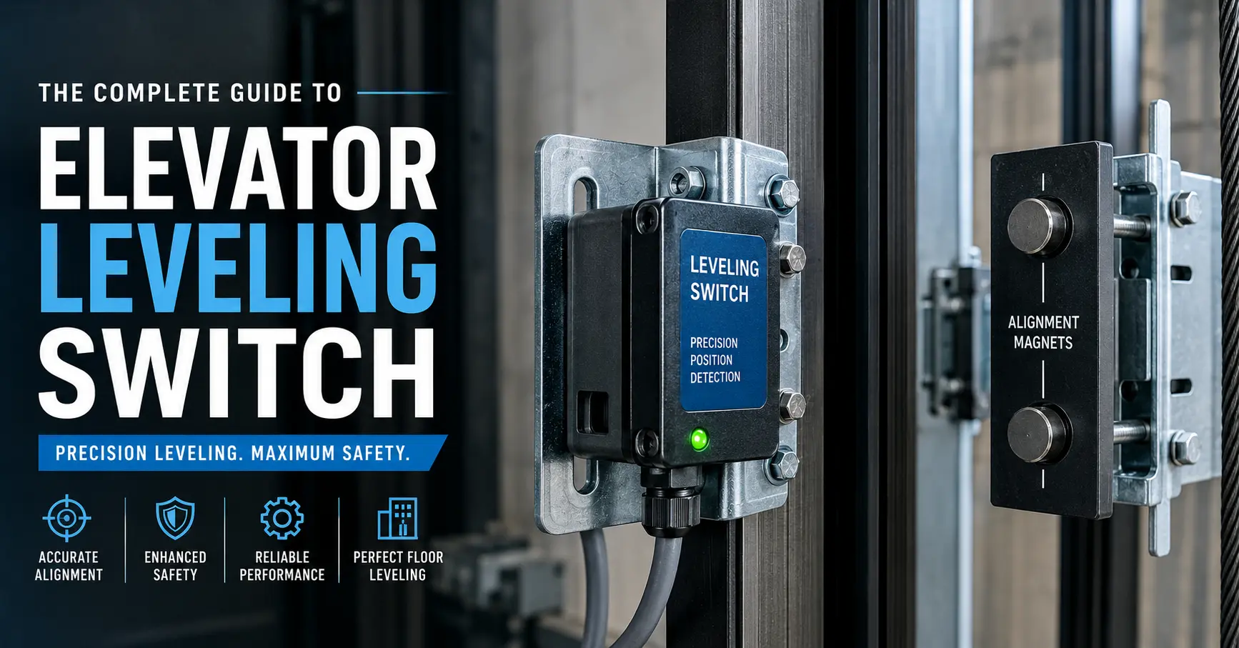Elevator leveling switch guide image showing sensor alignment magnets for precise elevator floor leveling.