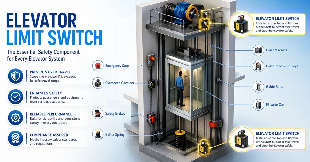 Elevator Limit Switch Highlighted In A Modern 3D Elevator Shaft Safety Mechanism Illustration.