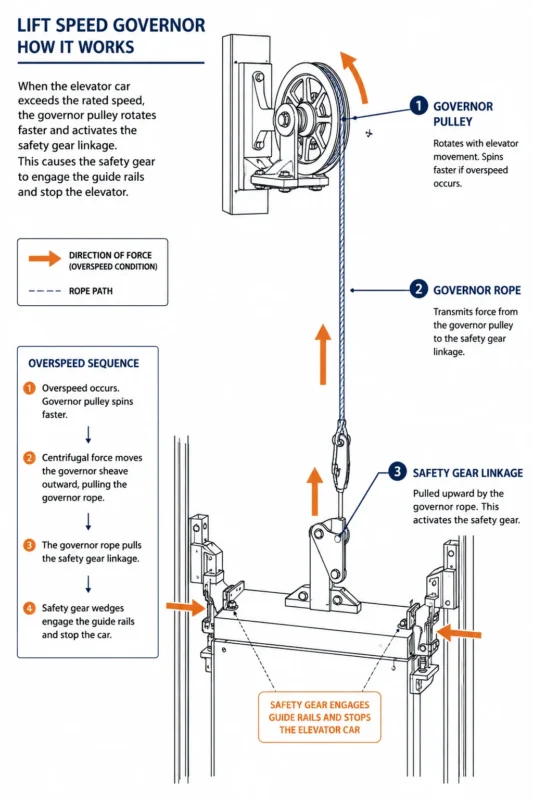 lift speed governor working principle diagram showing rope pulley and safety gear linkage