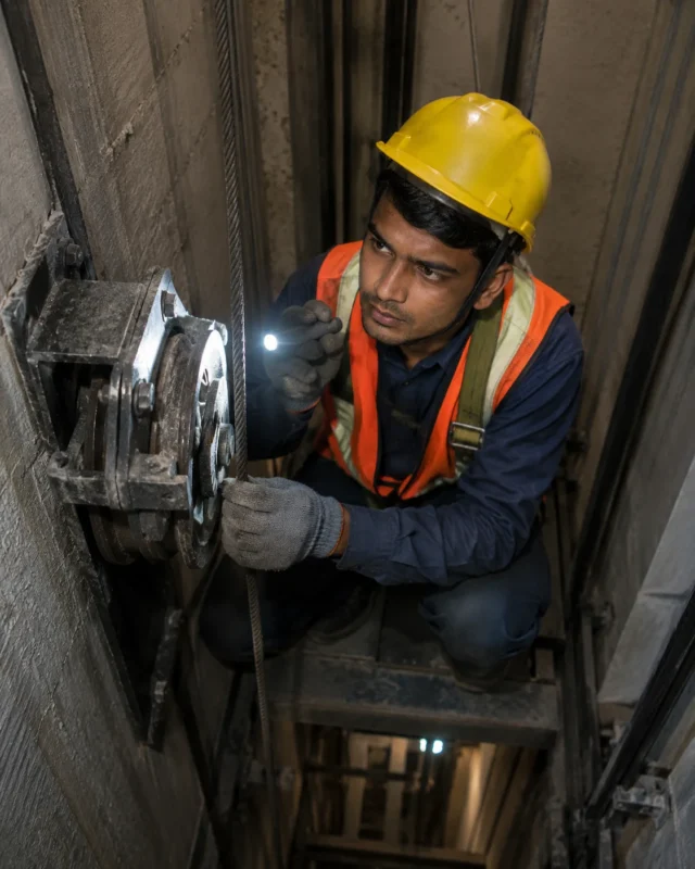 elevator technician inspecting lift speed governor rope during safety audit Dhaka Bangladesh