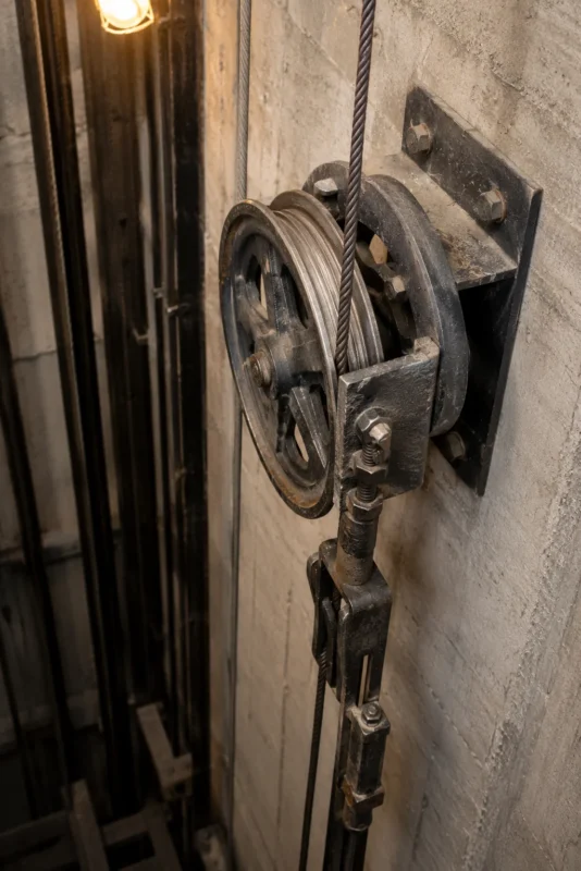 governor rope and tension pulley inside elevator shaft Bangladesh lift maintenance