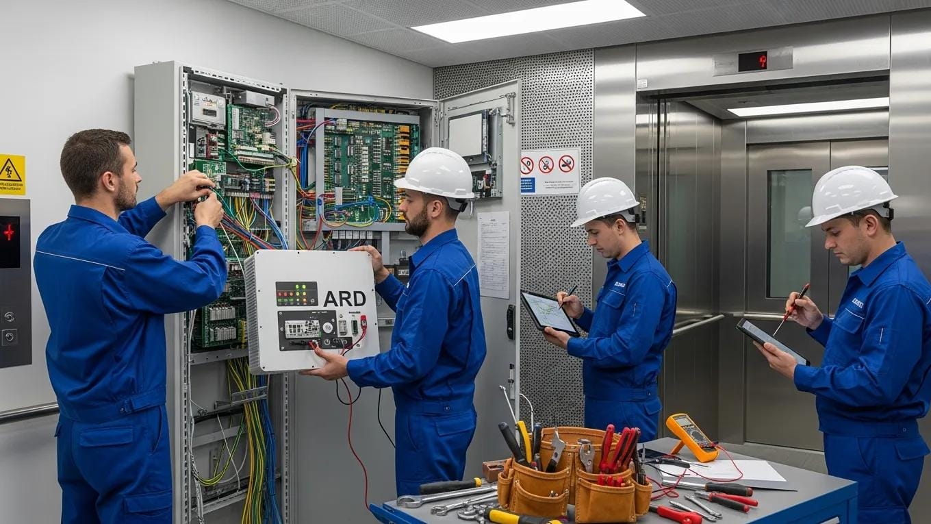 Installation team integrating Elevator Automatic Rescue Device with elevator control system